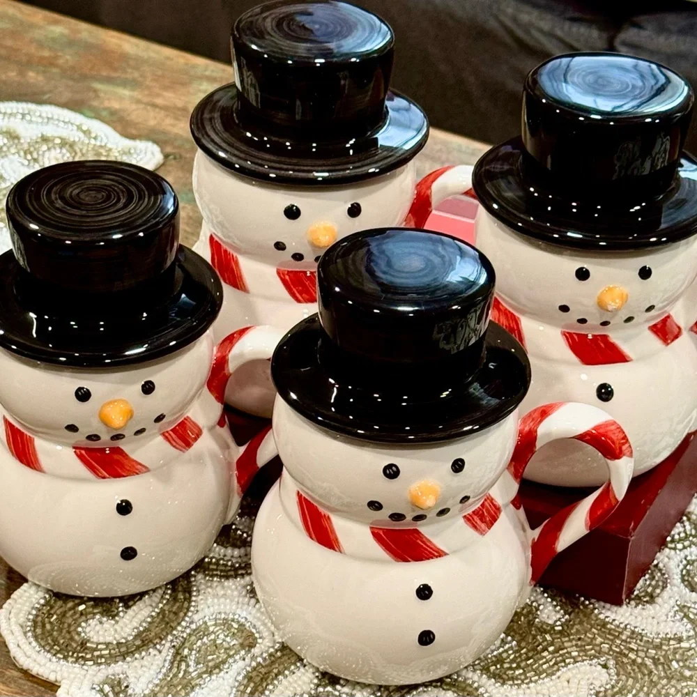 NIB Williams-Sonoma Holiday Snowman Mugs Set of 4 w/ Top Hat Lids – New in Box
